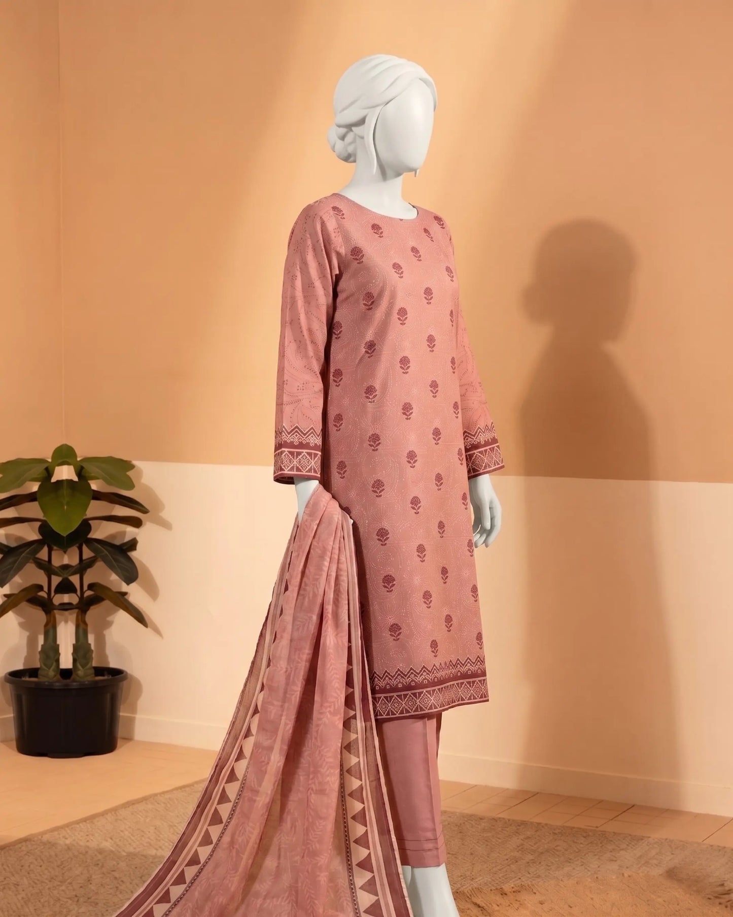 Dusty Pink Floral Printed Unstitched 3-Piece Suit