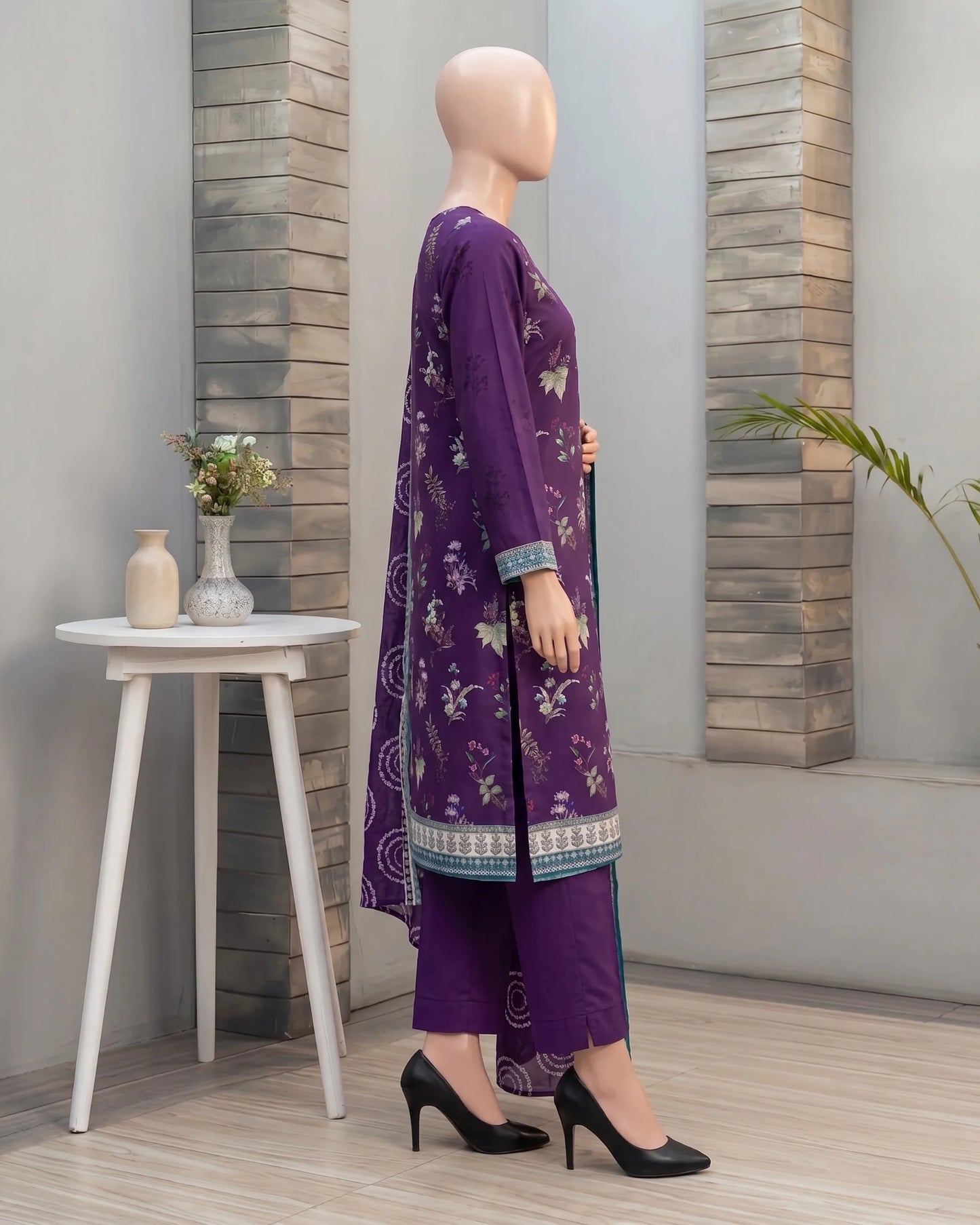 Elegant Deep Purple Floral Printed Unstitched 3-Piece Suit