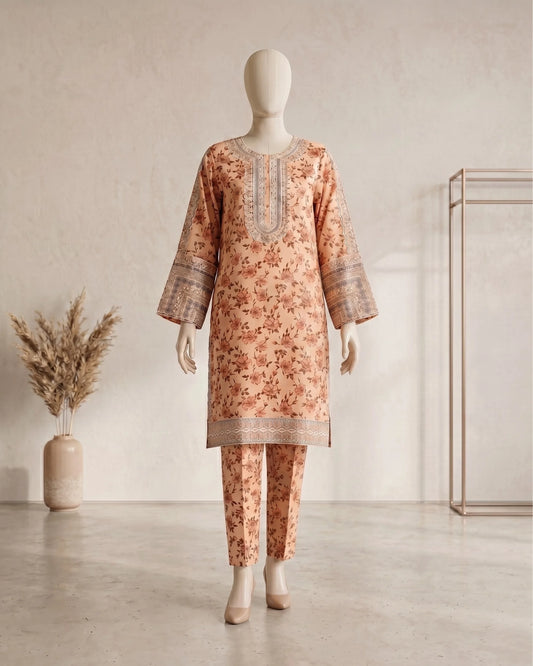 Floral Printed 3 Piece Stitched Suit - Green & Peach