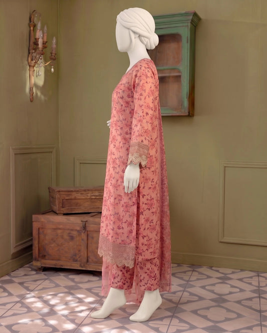 Embroidered Pink Floral Stitched 3-Piece Suit