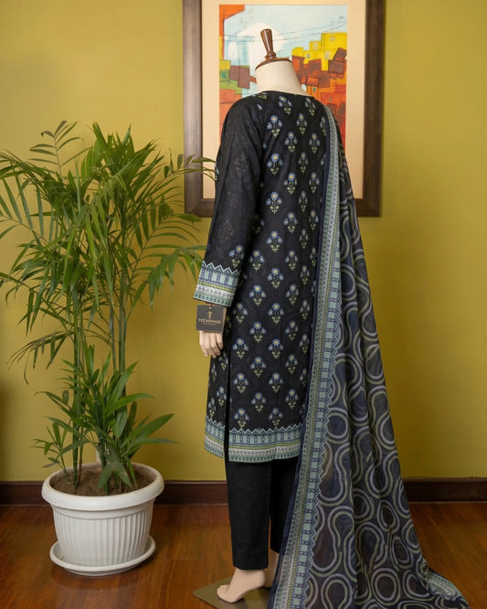 Elegant Black Floral Printed 3-Piece Unstitched Suit