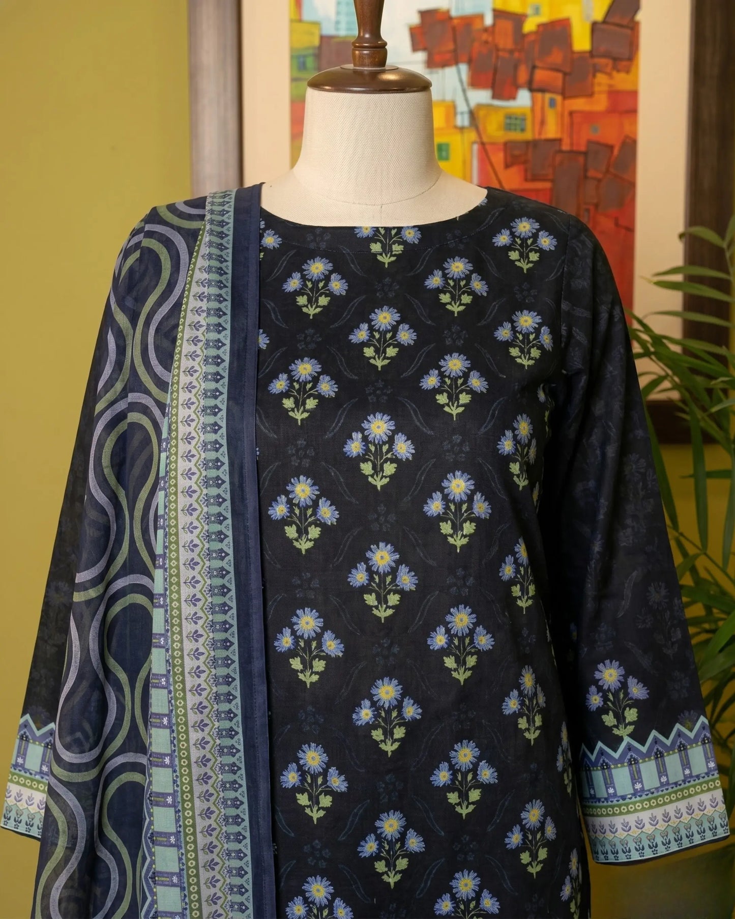 Elegant Black Floral Printed 3-Piece Unstitched Suit