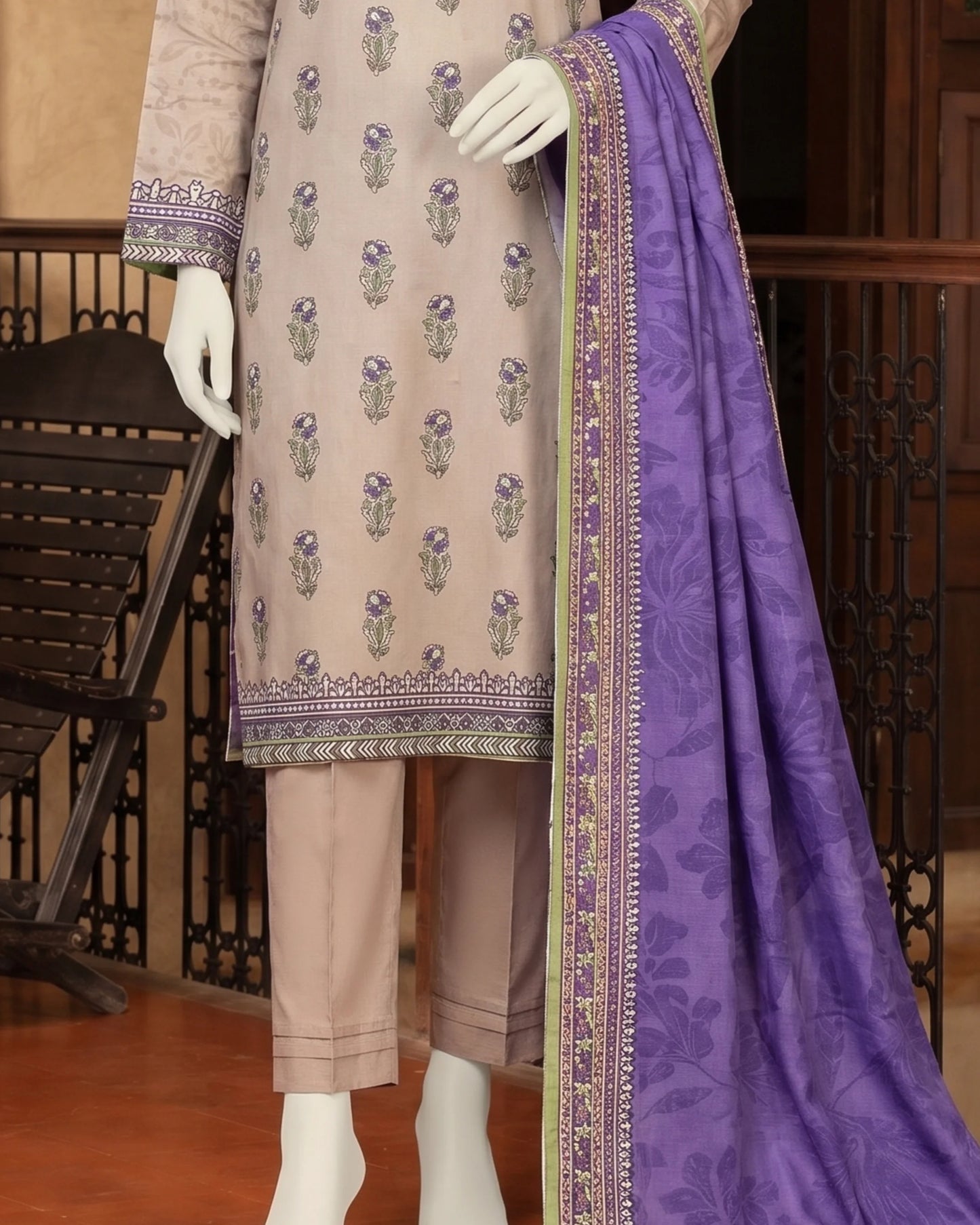 Beige & Purple Floral Printed Unstitched 3-Piece Suit