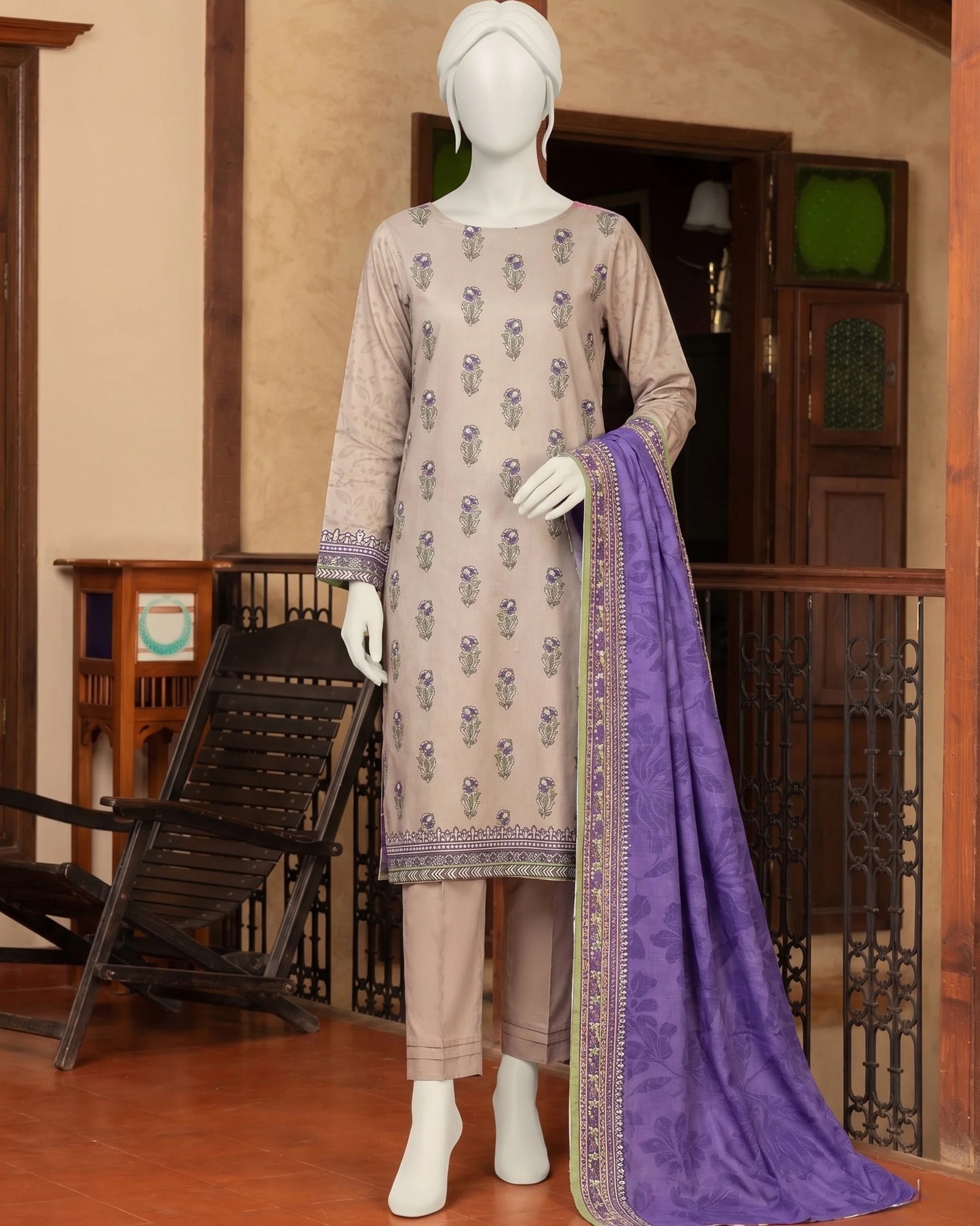 Beige & Purple Floral Printed Unstitched 3-Piece Suit