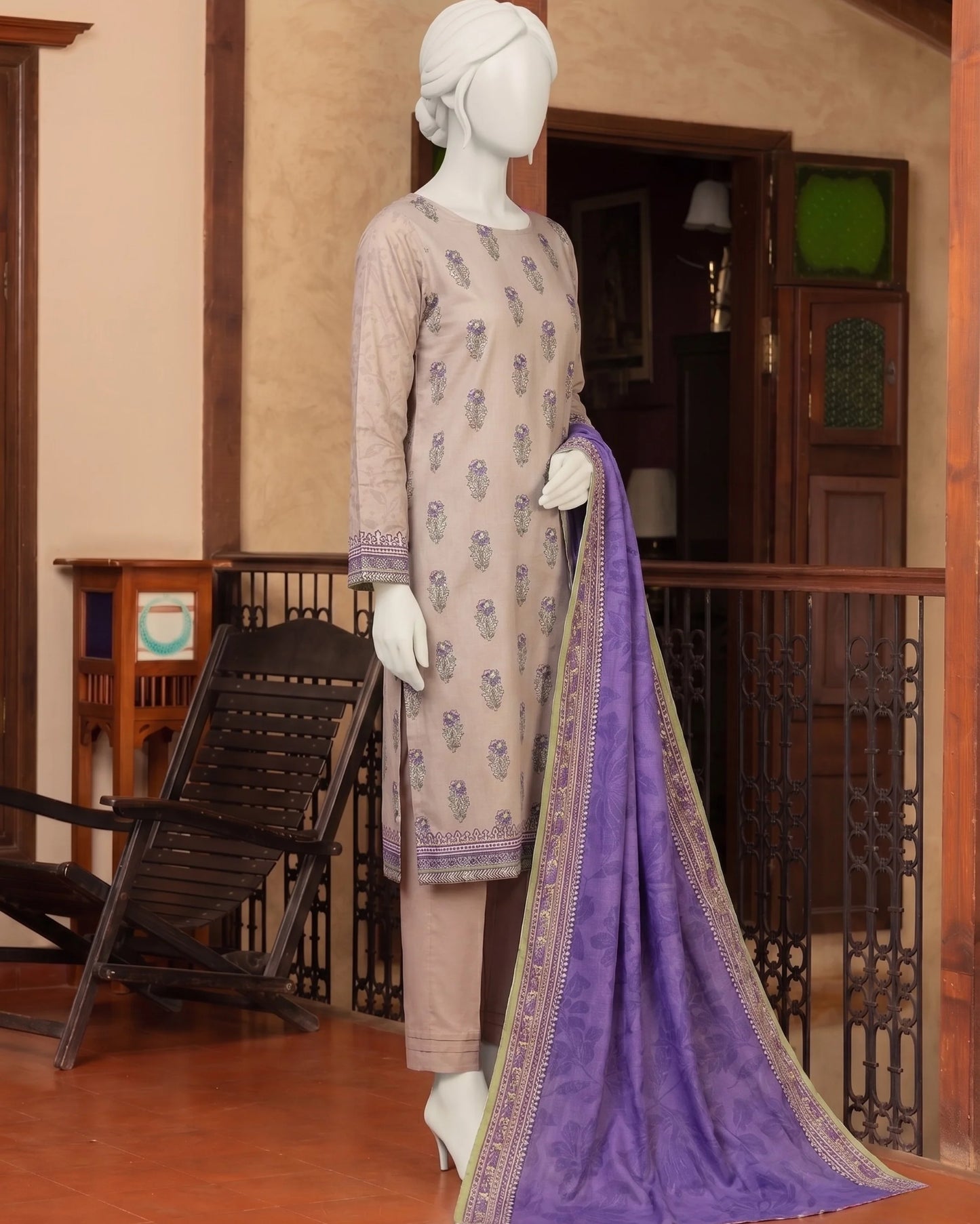Beige & Purple Floral Printed Unstitched 3-Piece Suit