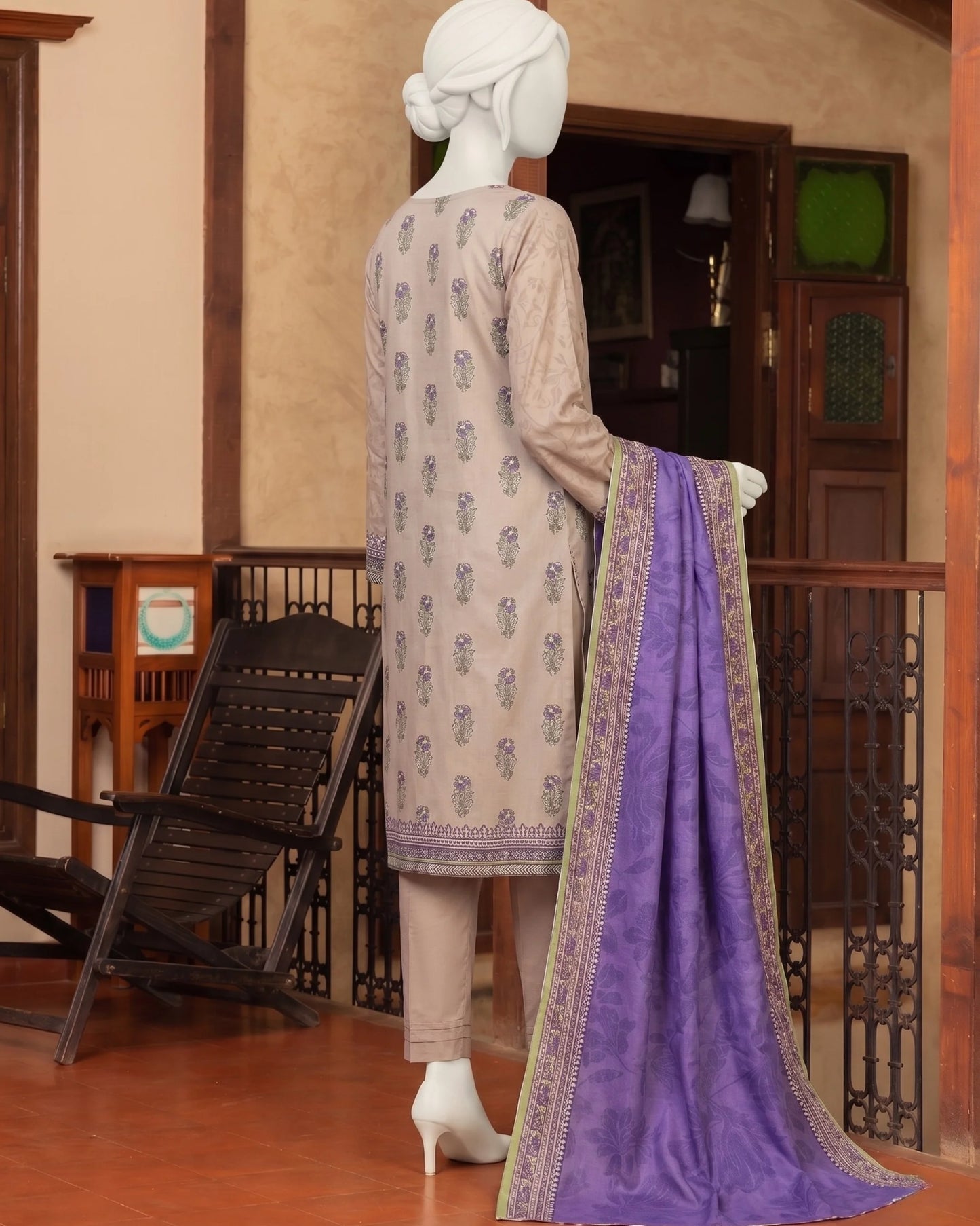 Beige & Purple Floral Printed Unstitched 3-Piece Suit