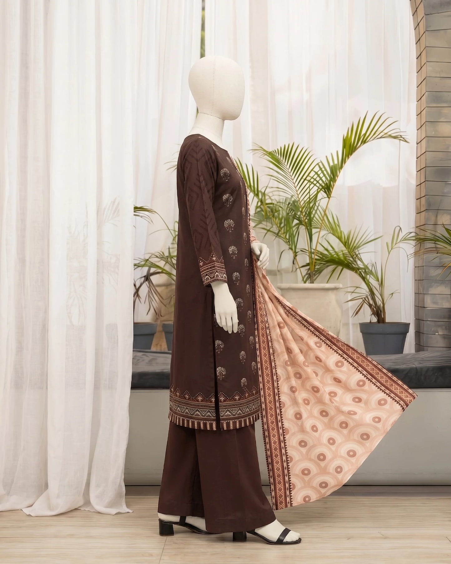Brown 3-Piece Unstitched Suit for Women | Printed Dupatta