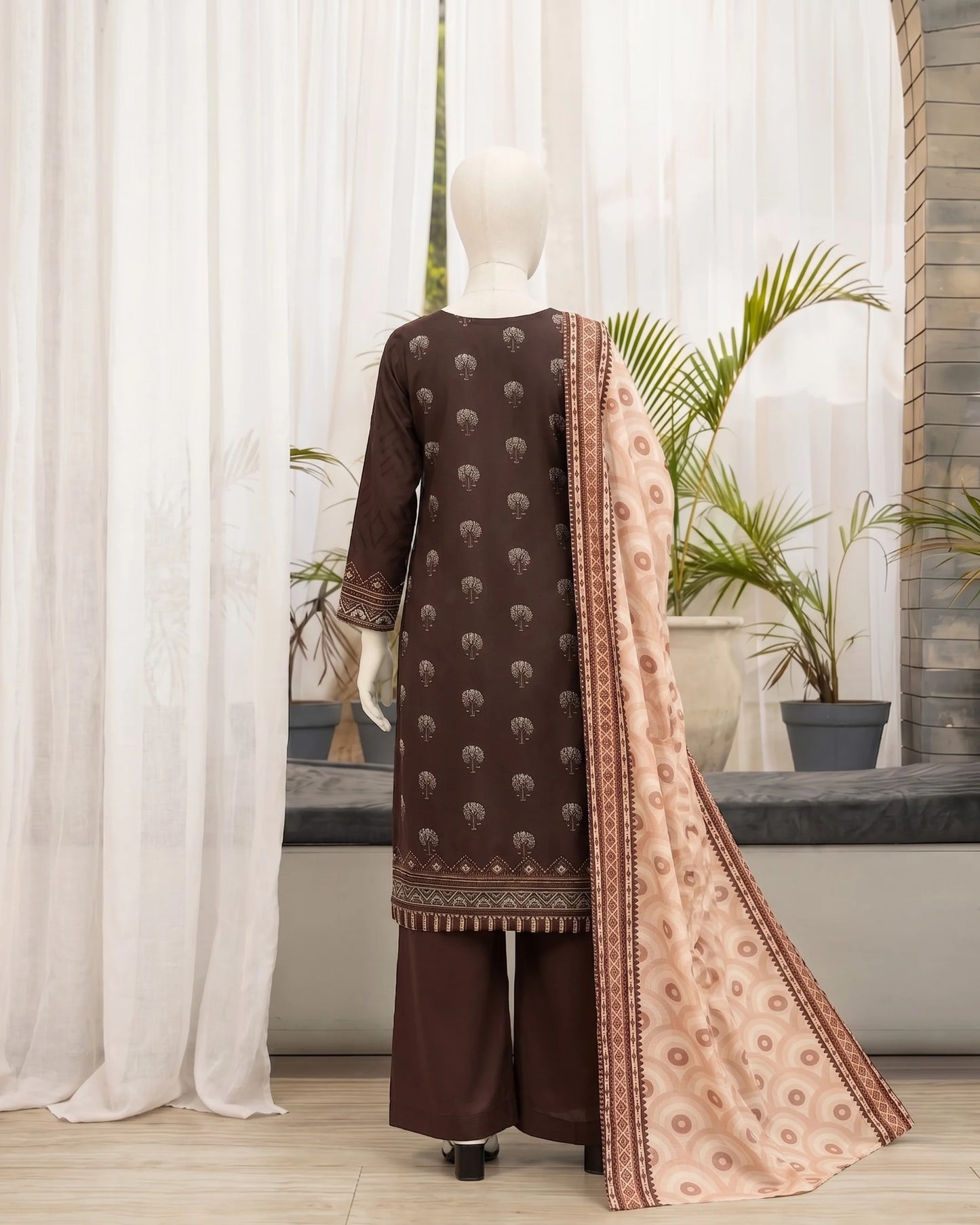 Brown 3-Piece Unstitched Suit for Women | Printed Dupatta