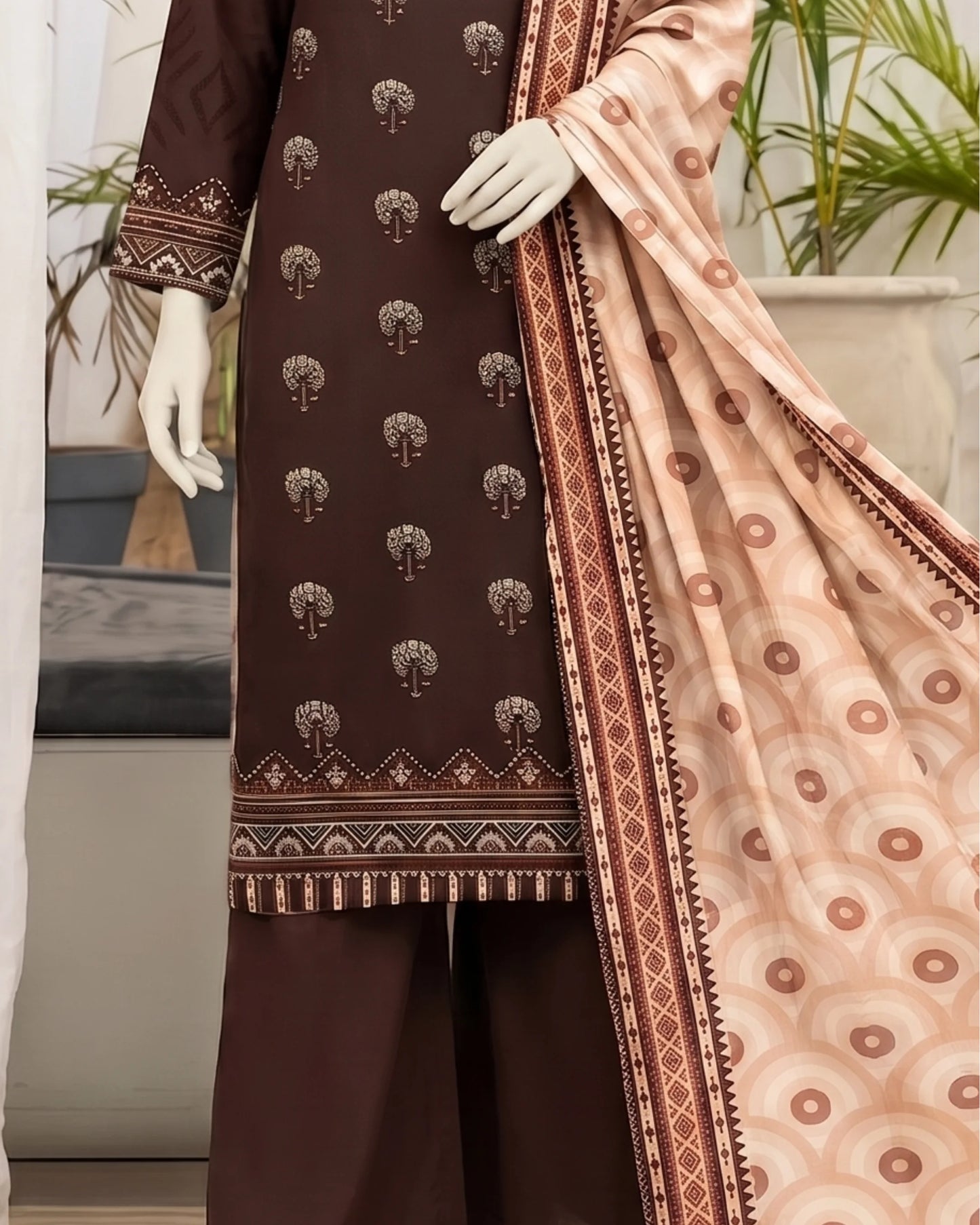Brown 3-Piece Unstitched Suit for Women | Printed Dupatta