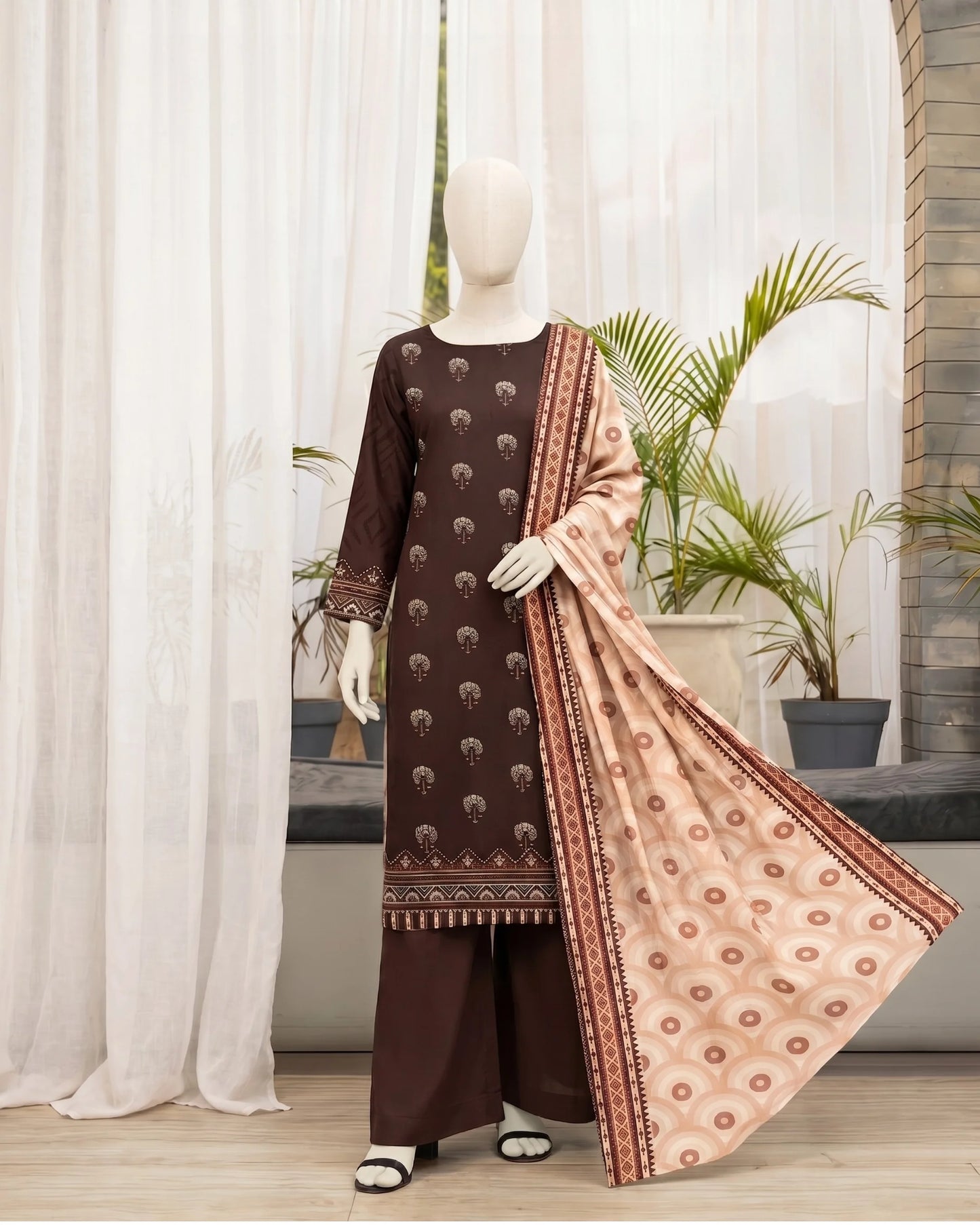 Brown 3-Piece Unstitched Suit for Women | Printed Dupatta