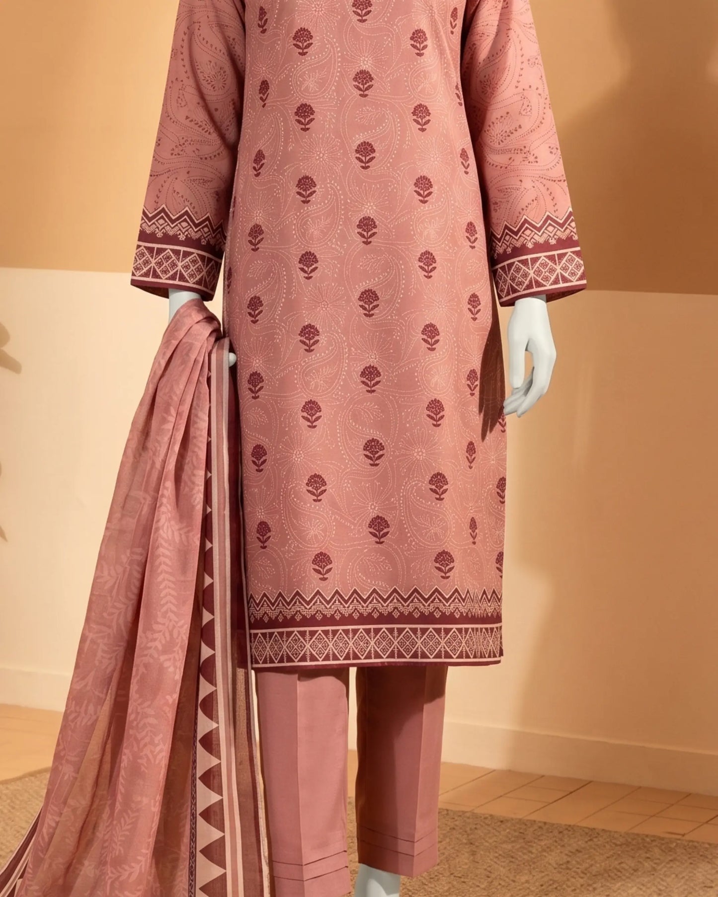 Dusty Pink Floral Printed Unstitched 3-Piece Suit