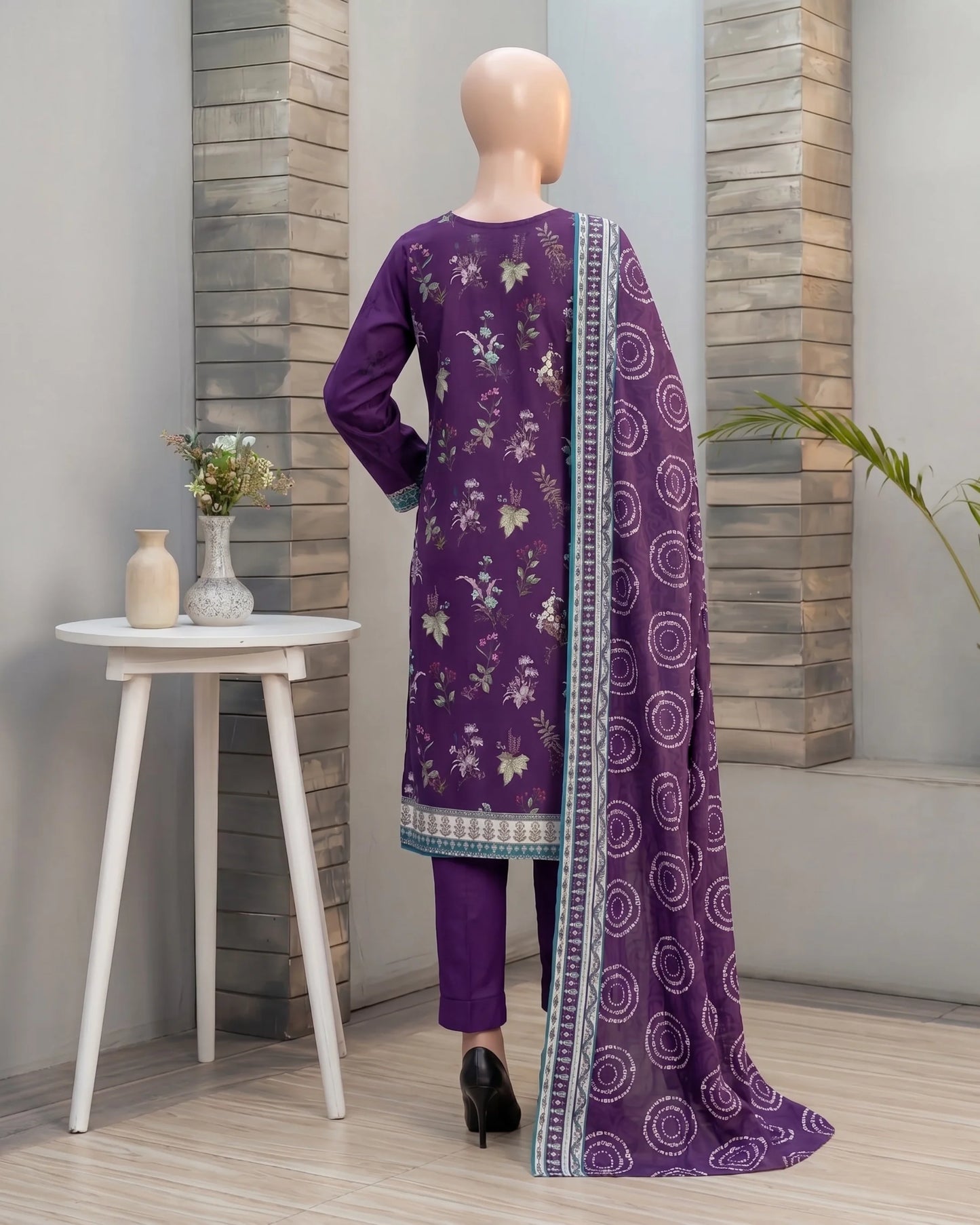 Elegant Deep Purple Floral Printed Unstitched 3-Piece Suit