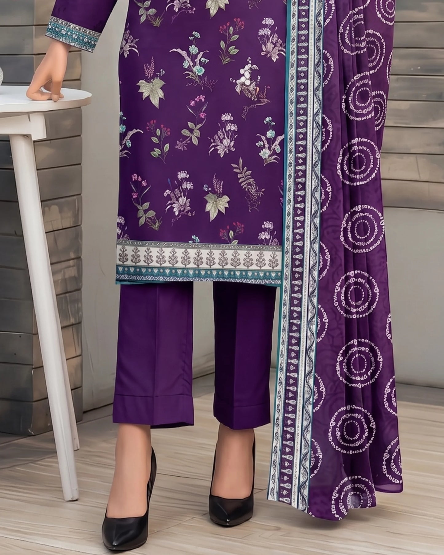 Elegant Deep Purple Floral Printed Unstitched 3-Piece Suit