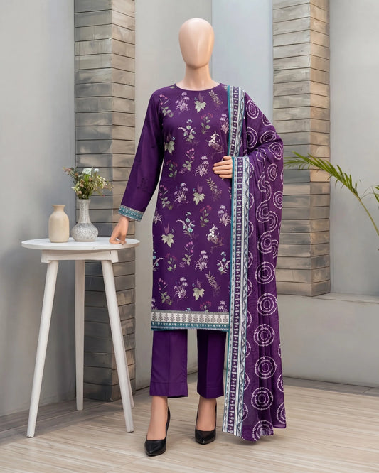 Elegant Deep Purple Floral Printed Unstitched 3-Piece Suit