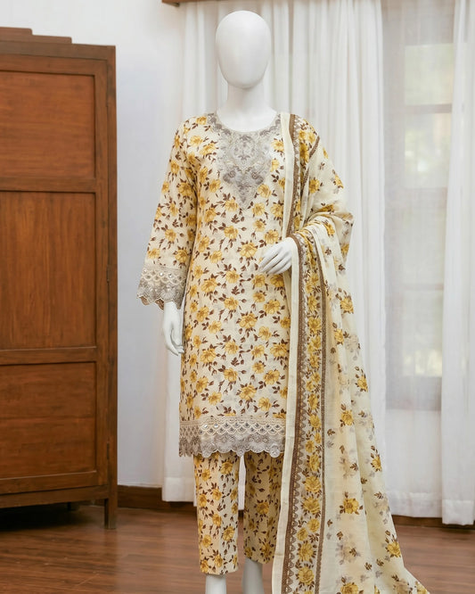 Elegant Floral Print Stitched 3-Piece Suit with Lace Details