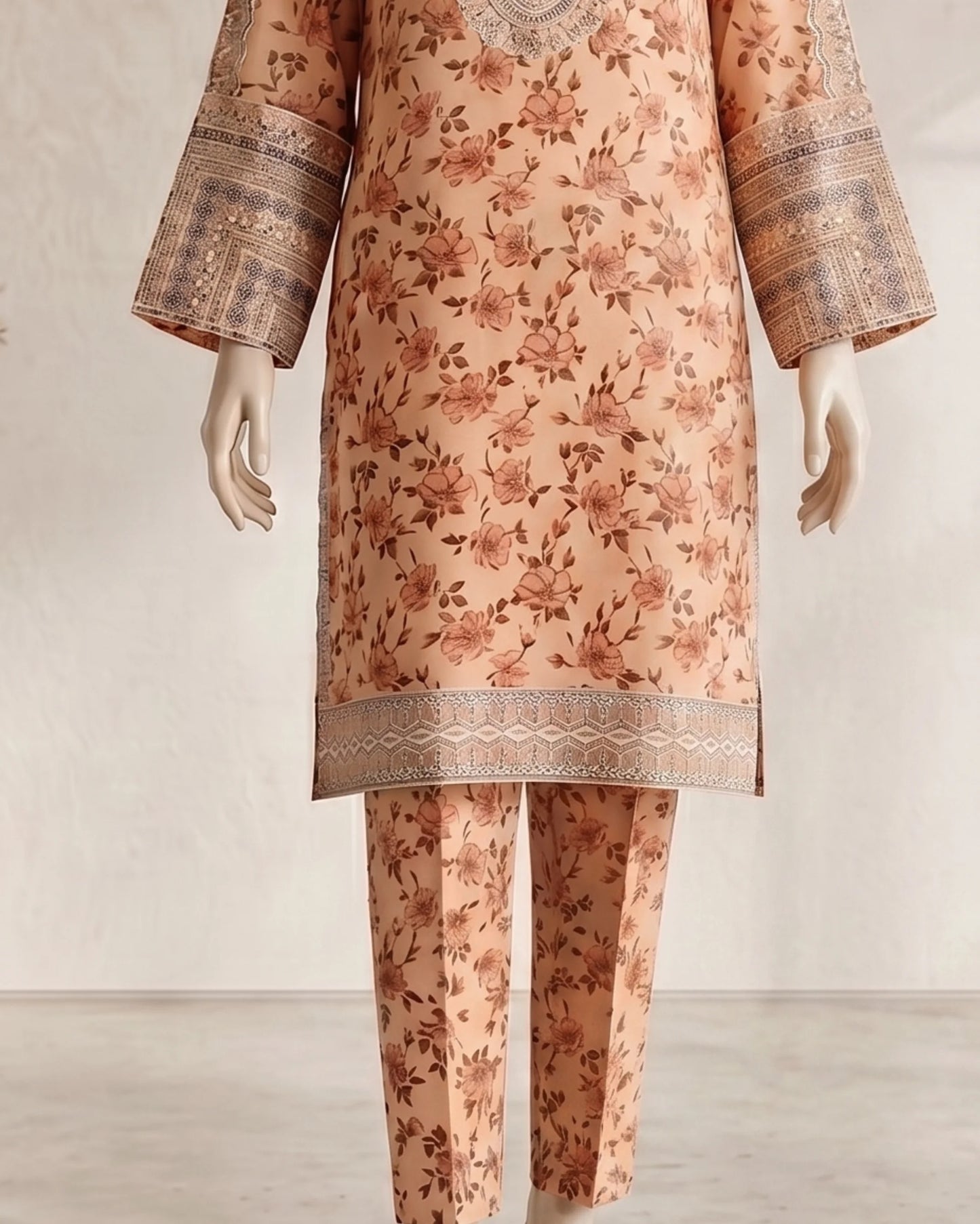 Floral Printed 3 Piece Stitched Suit - Green & Peach