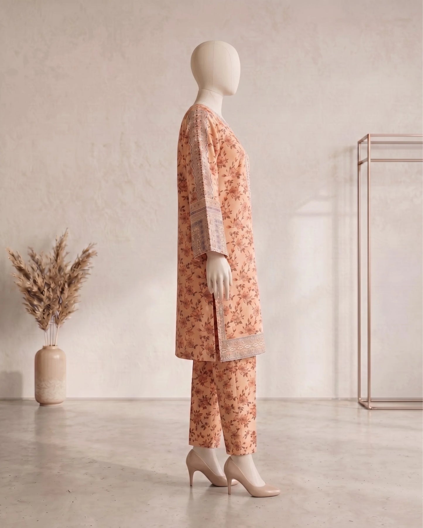 Floral Printed 3 Piece Stitched Suit - Green & Peach