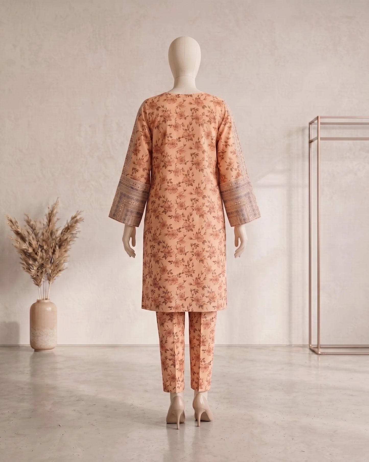 Floral Printed 3 Piece Stitched Suit - Green & Peach
