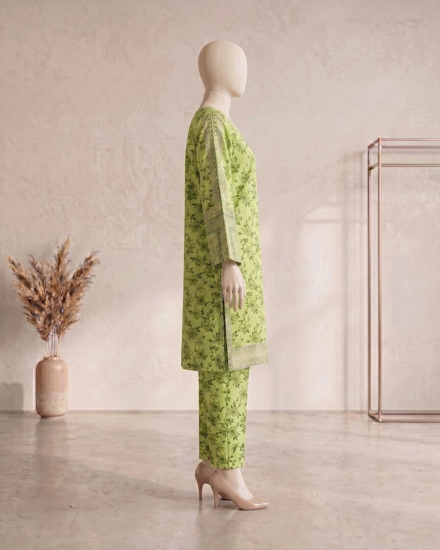 Floral Printed 3 Piece Stitched Suit - Green & Peach