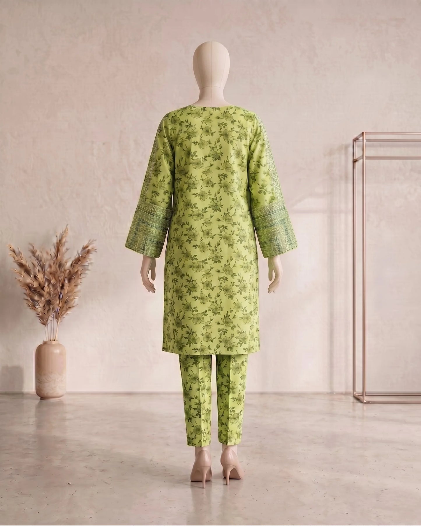 Floral Printed 3 Piece Stitched Suit - Green & Peach