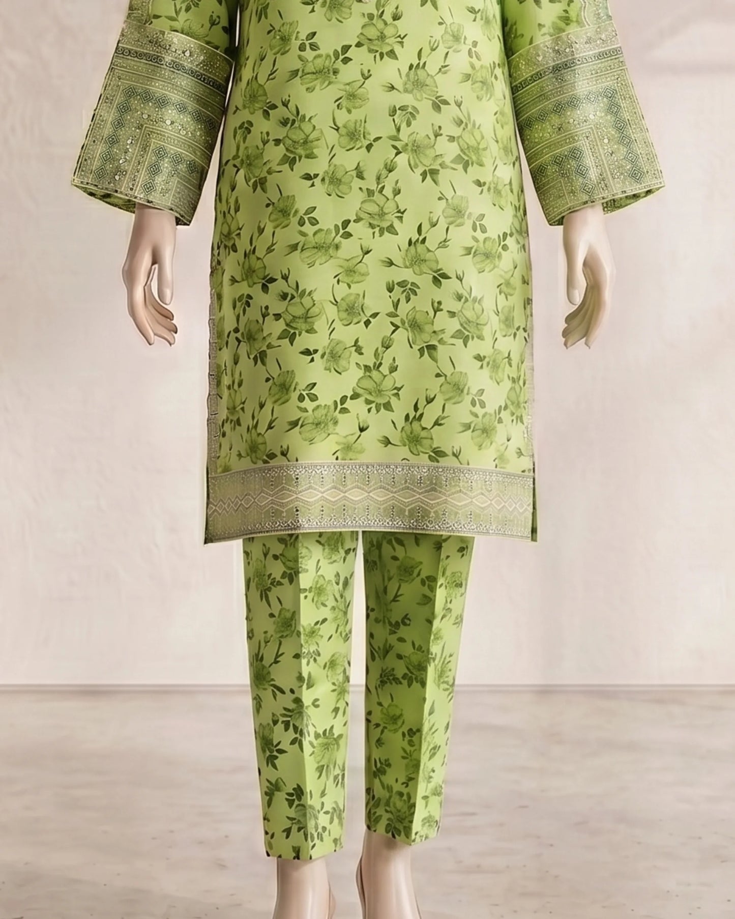 Floral Printed 3 Piece Stitched Suit - Green & Peach