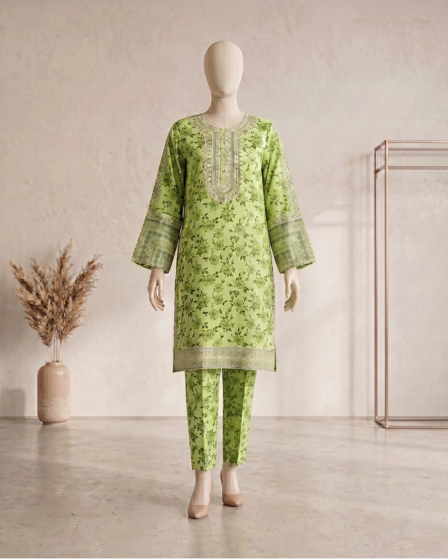 Floral Printed 3 Piece Stitched Suit - Green & Peach
