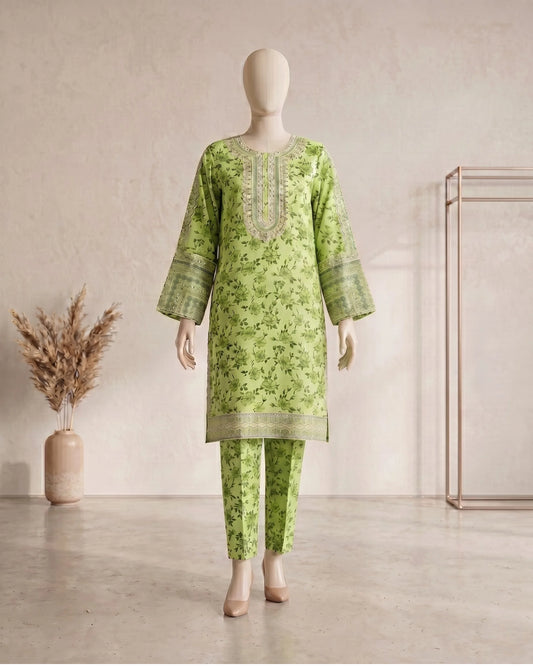 Floral Printed 3 Piece Stitched Suit - Green & Peach