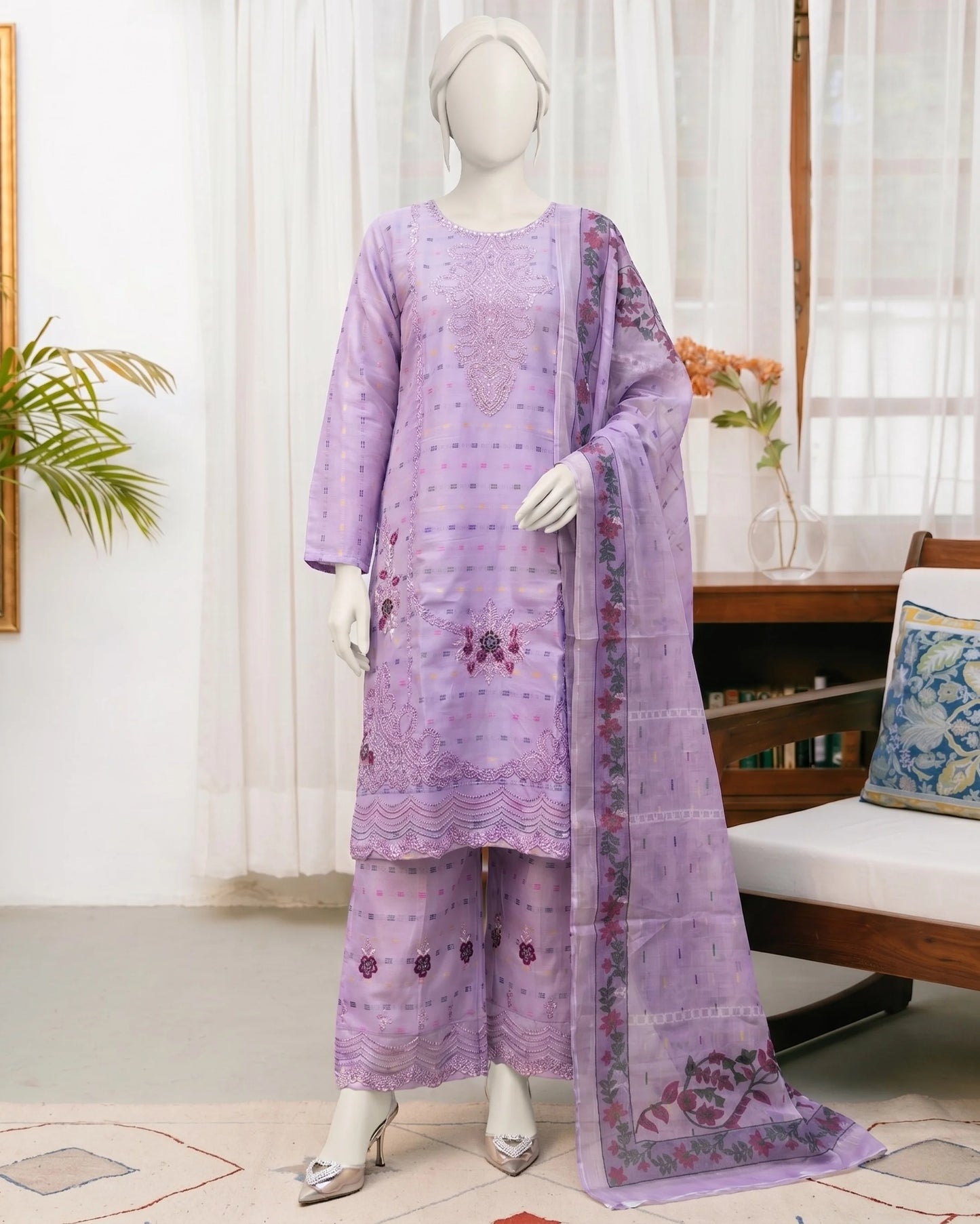 Elegant Lilac Embroidered 3-Piece Stitched Suit  Ready to Wear