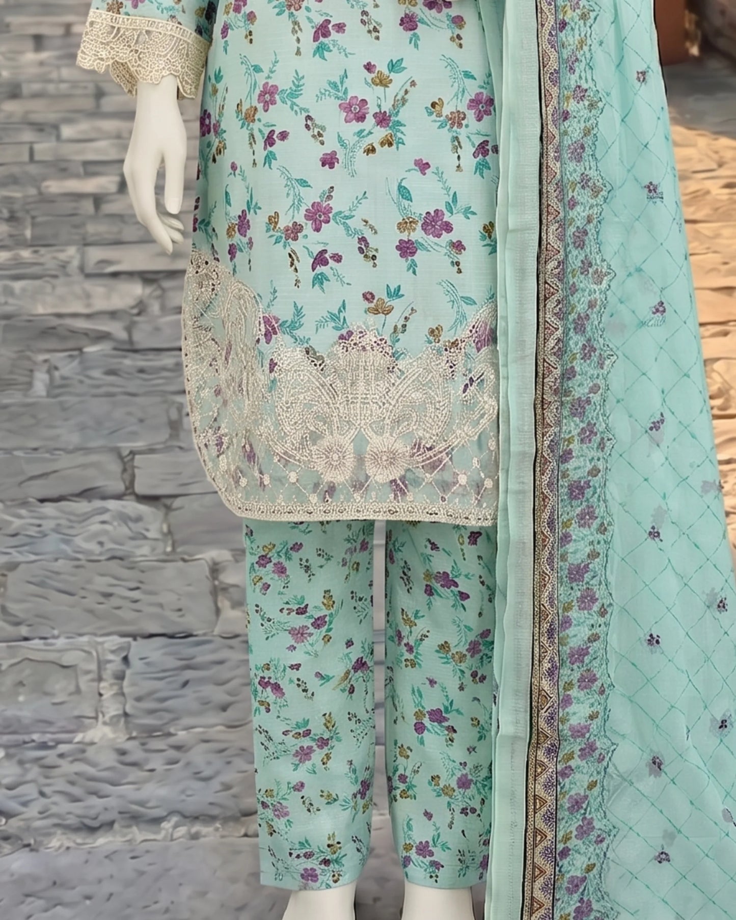 Elegant Mint Green Floral Printed 3-Piece Stitched Suit with Lace Embroidery