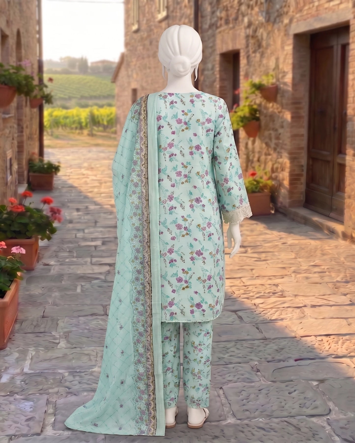 Elegant Mint Green Floral Printed 3-Piece Stitched Suit with Lace Embroidery