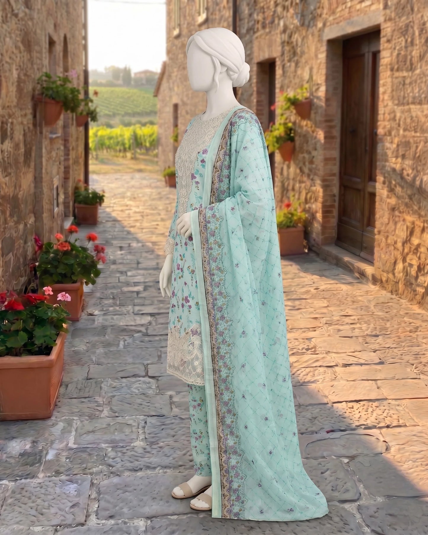 Elegant Mint Green Floral Printed 3-Piece Stitched Suit with Lace Embroidery