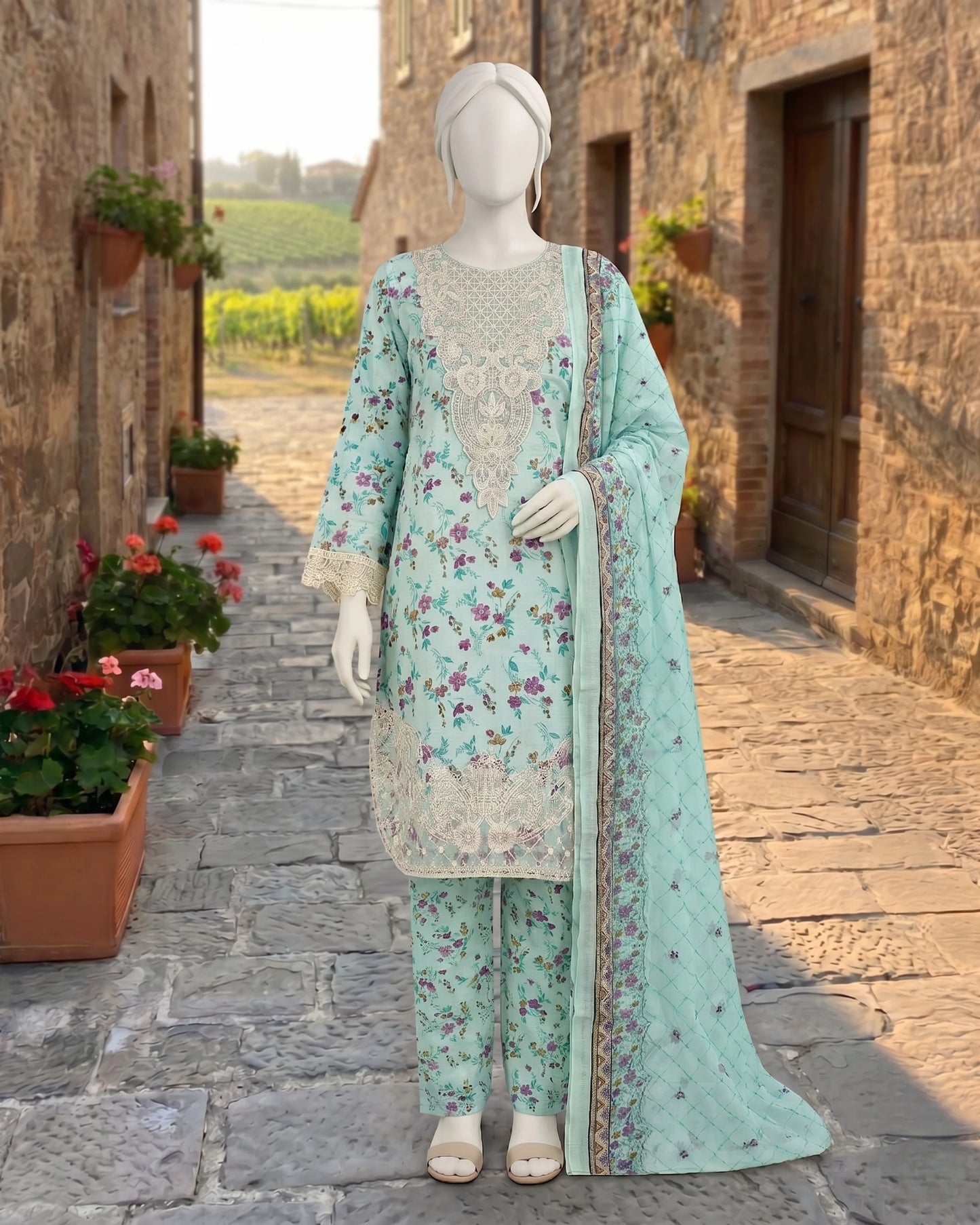 Elegant Mint Green Floral Printed 3-Piece Stitched Suit with Lace Embroidery