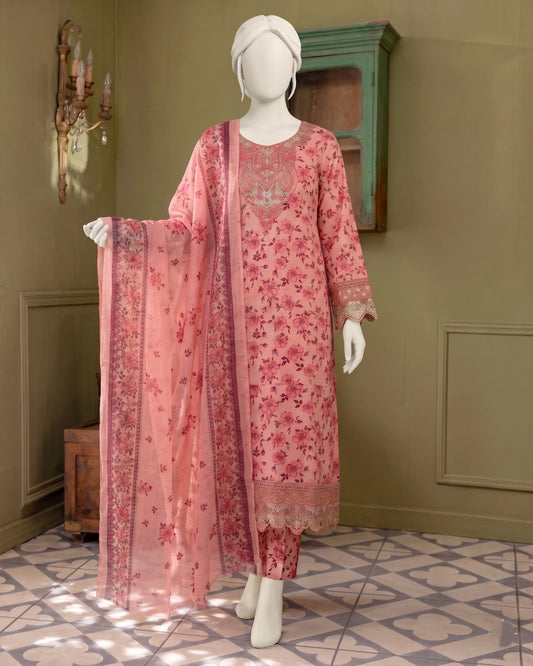 Embroidered Pink Floral Stitched 3-Piece Suit