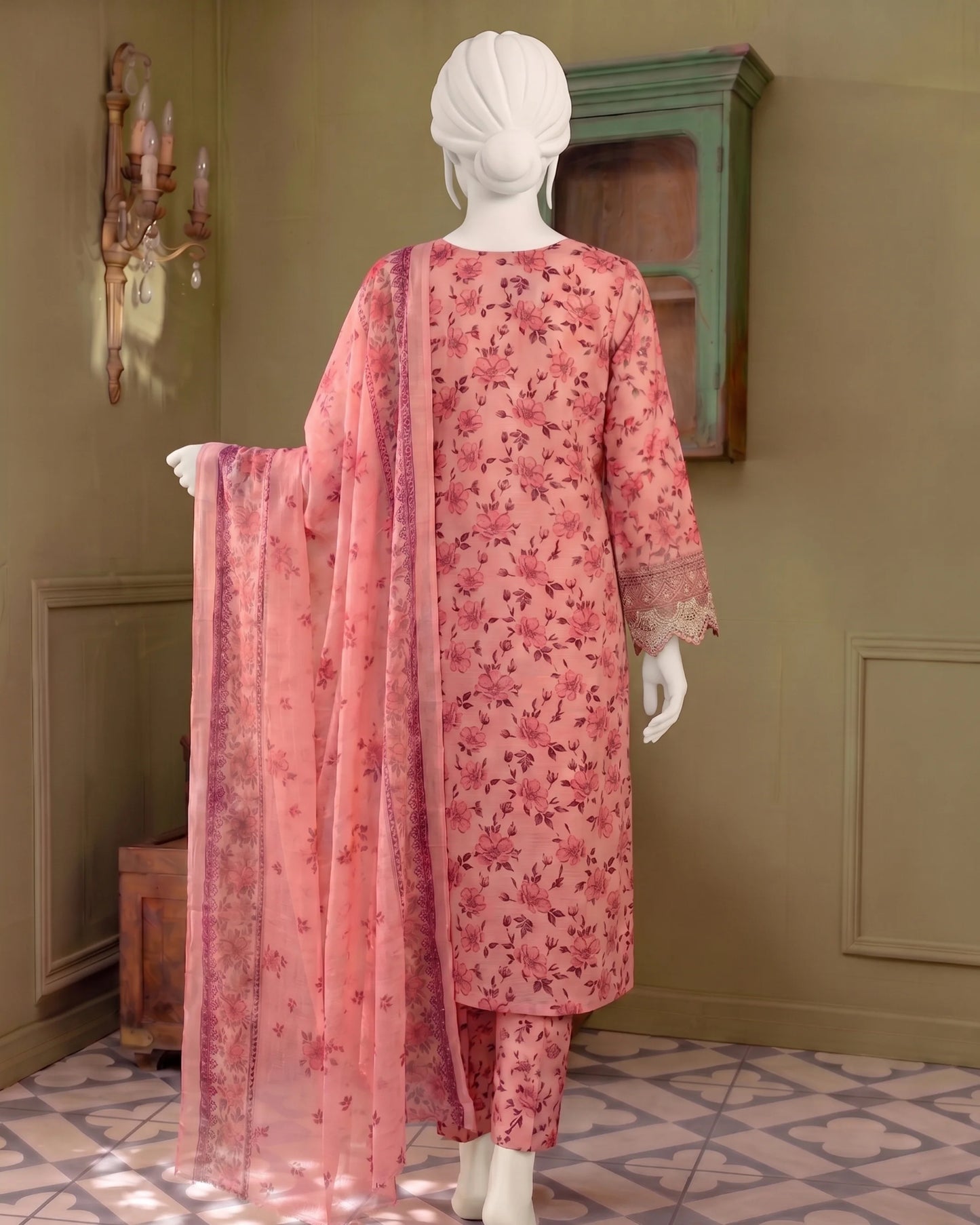 Embroidered Pink Floral Stitched 3-Piece Suit