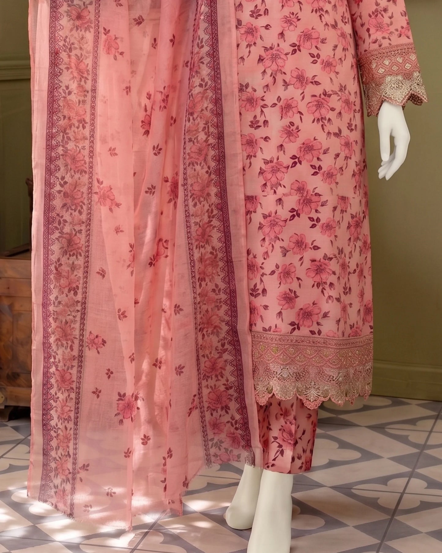Embroidered Pink Floral Stitched 3-Piece Suit