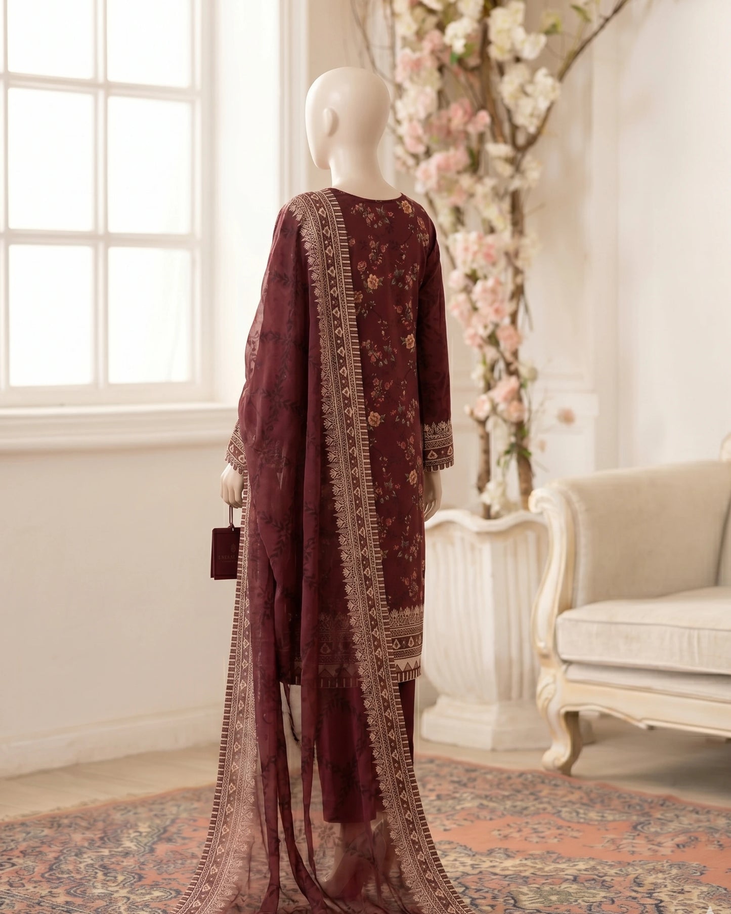 Maroon Floral Printed 3-Piece Suit with Chiffon Dupatta