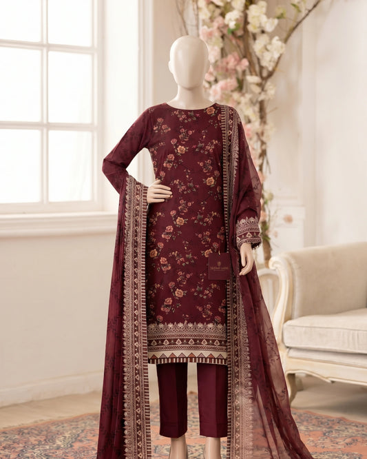 Maroon Floral Printed 3-Piece Suit with Chiffon Dupatta
