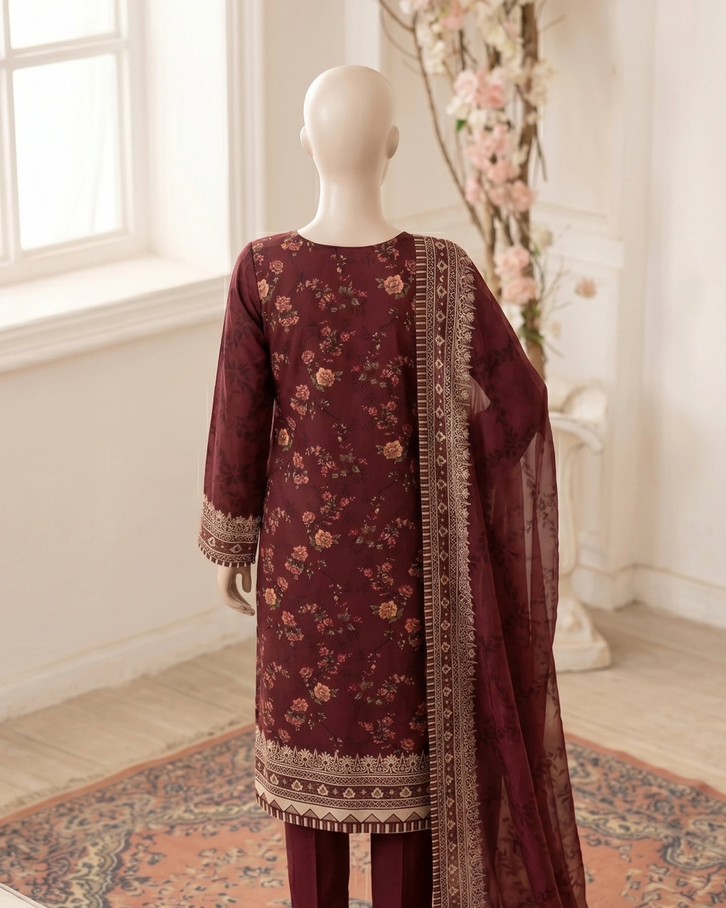 Maroon Floral Printed 3-Piece Suit with Chiffon Dupatta