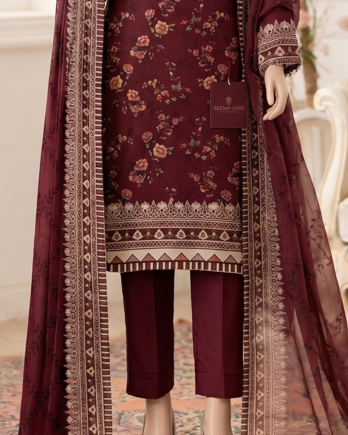 Maroon Floral Printed 3-Piece Suit with Chiffon Dupatta