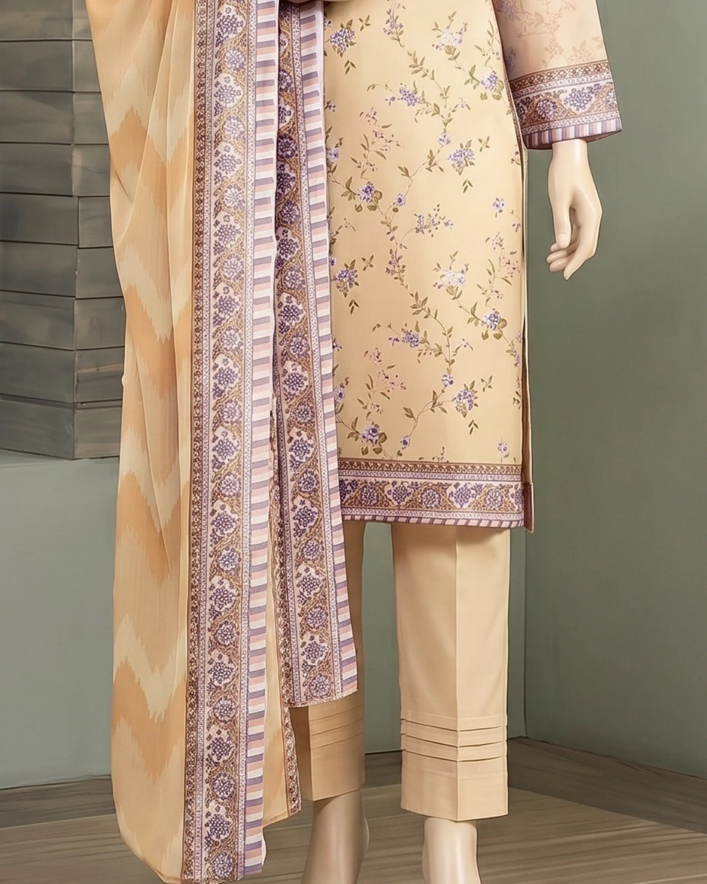 Peach Floral 3-Piece Unstitched Suit with Printed Dupatta