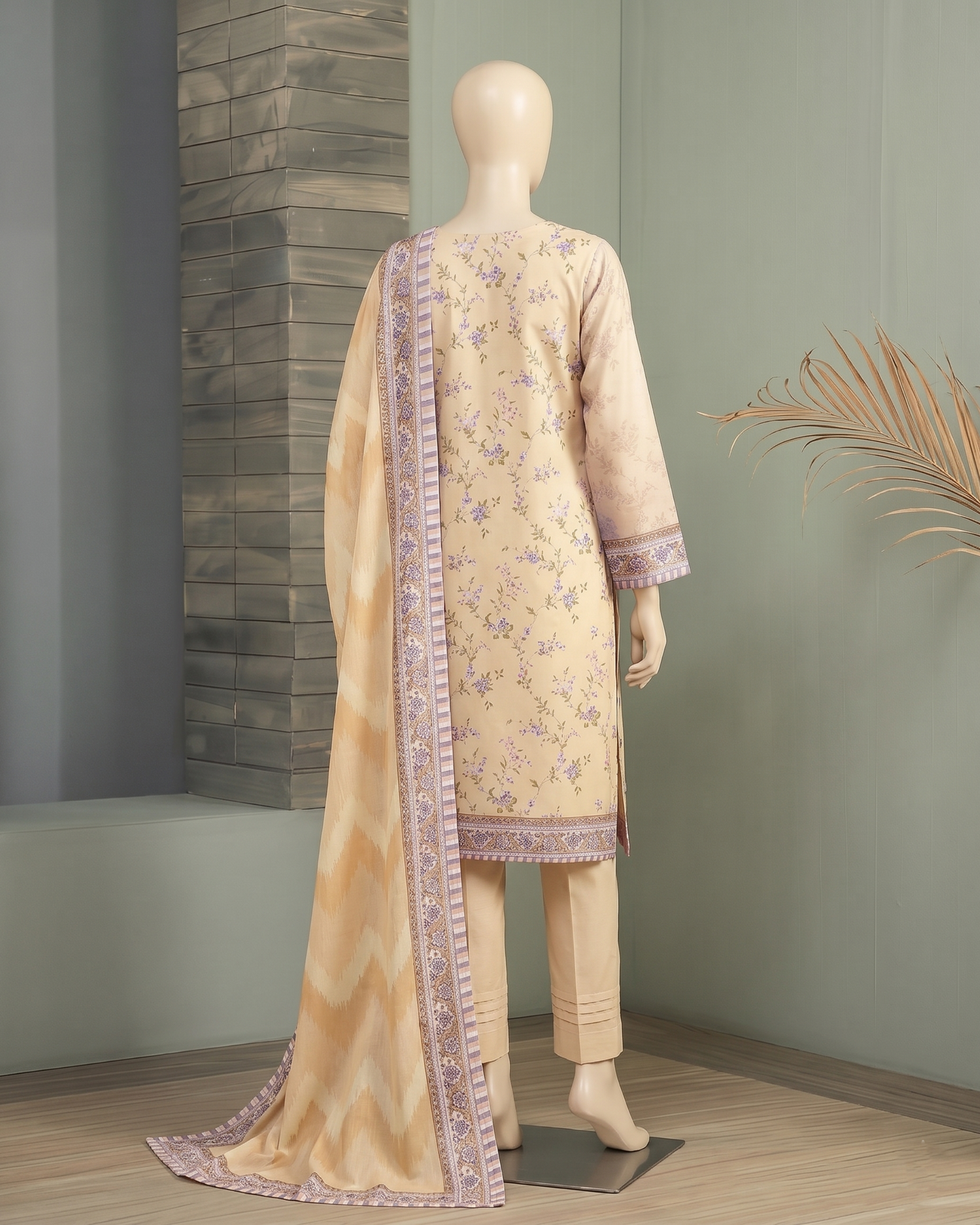 Peach Floral 3-Piece Unstitched Suit with Printed Dupatta