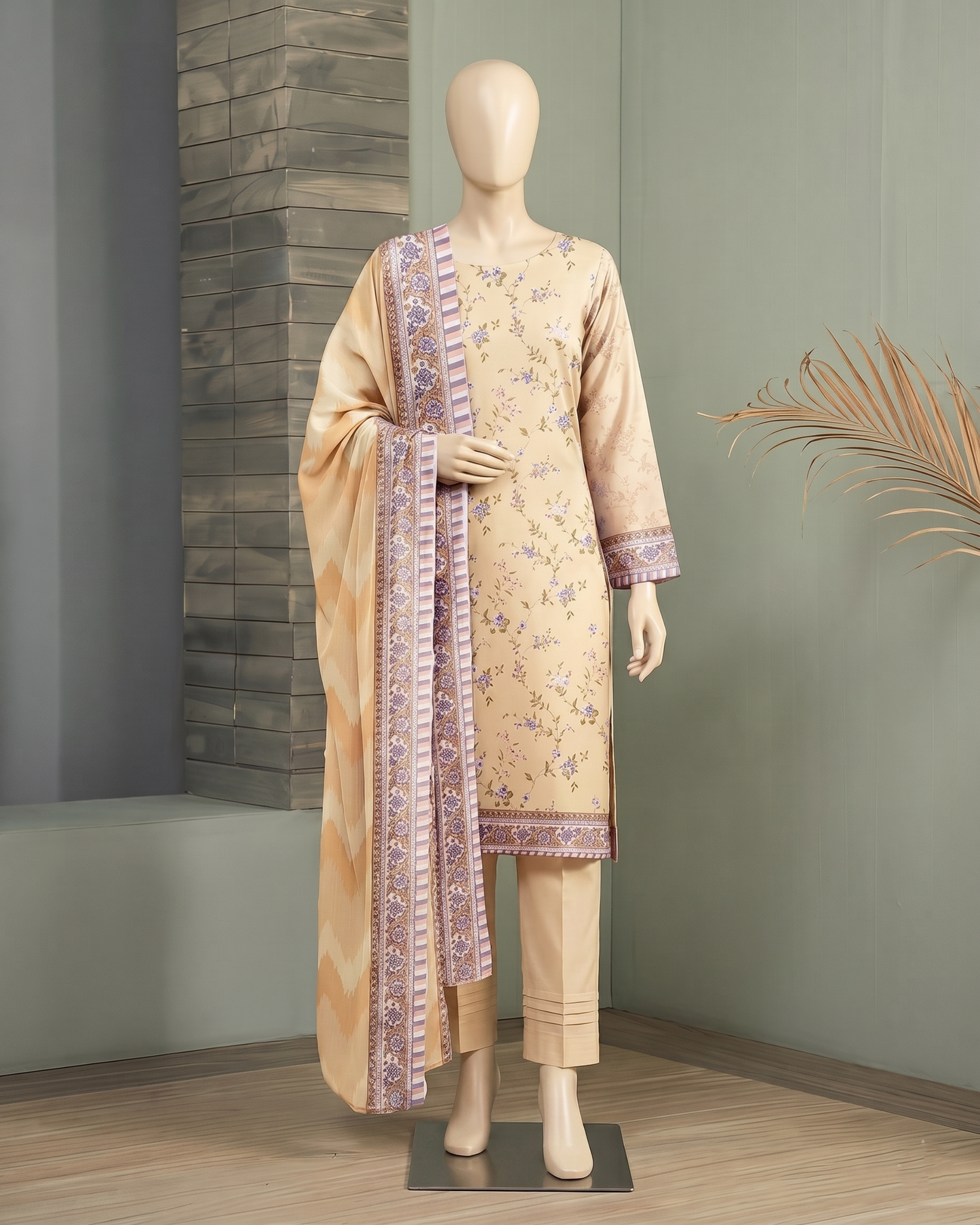 Peach Floral 3-Piece Unstitched Suit with Printed Dupatta