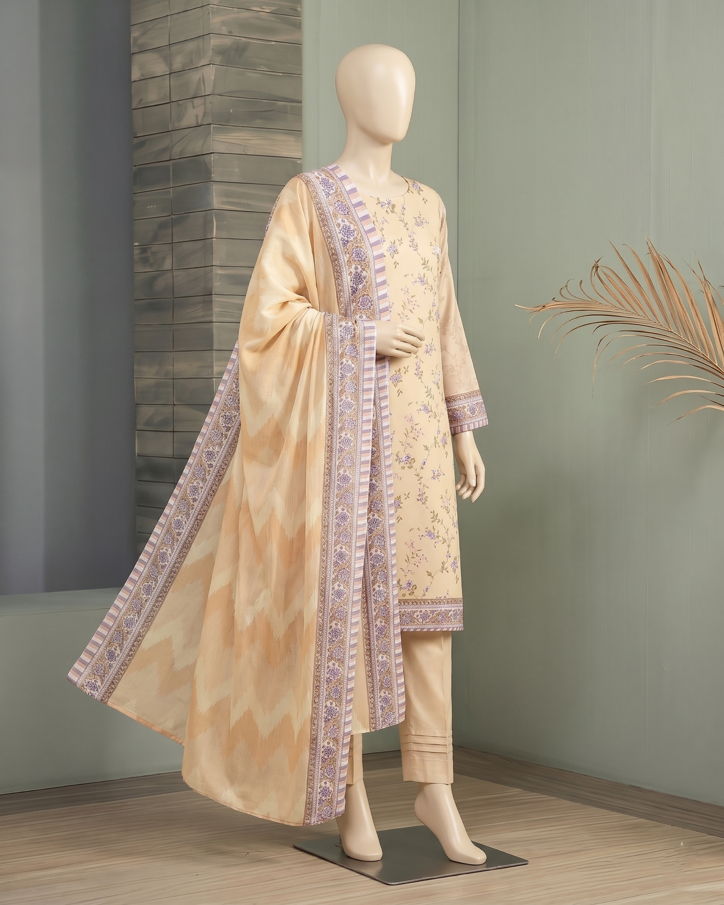 Peach Floral 3-Piece Unstitched Suit with Printed Dupatta