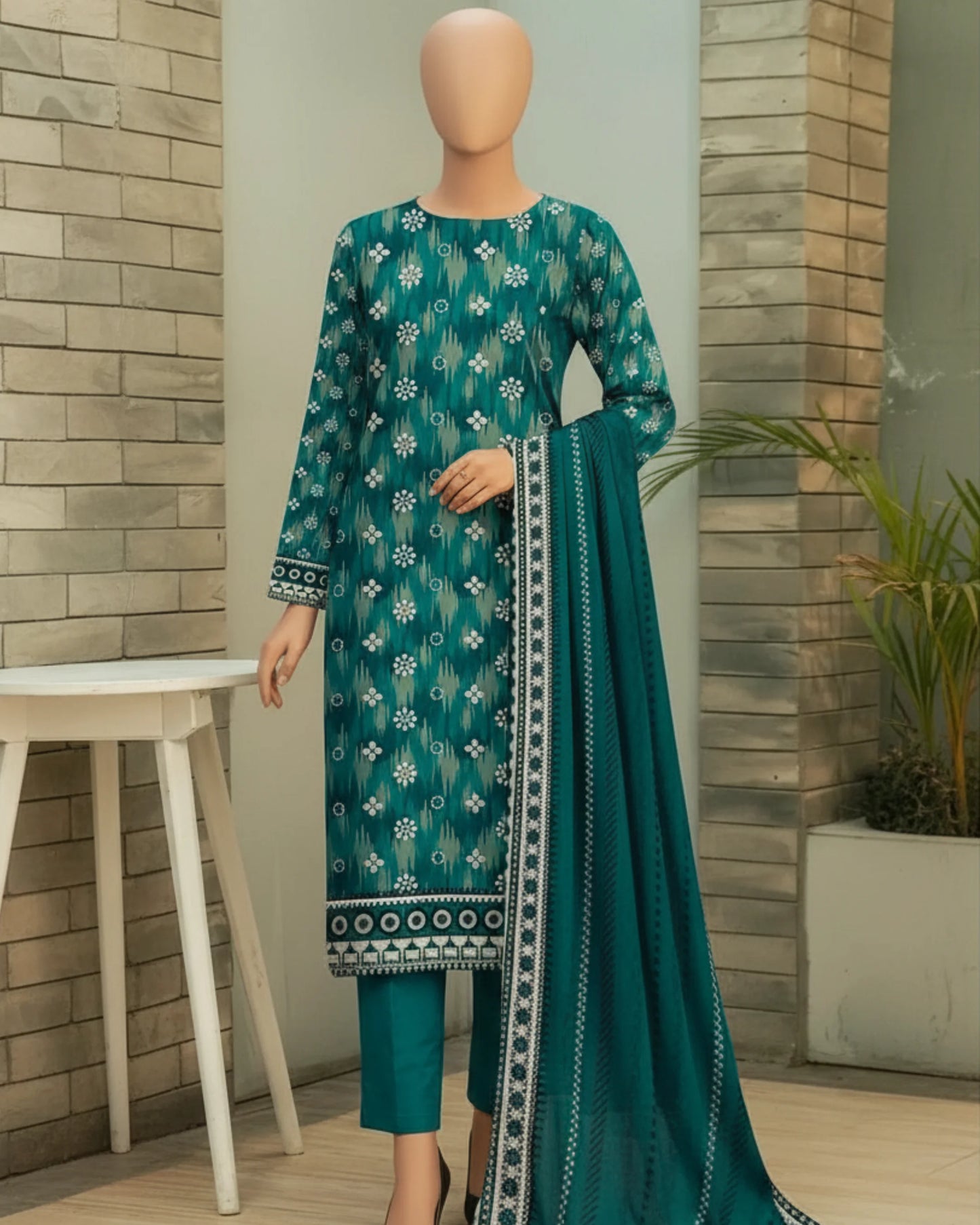 Teal Green Floral Print Unstitched 3-Piece Suit