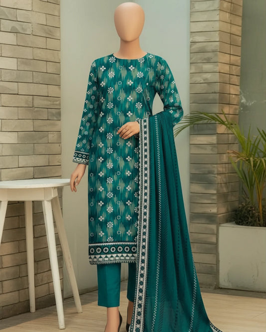 Teal Green Floral Print Unstitched 3-Piece Suit