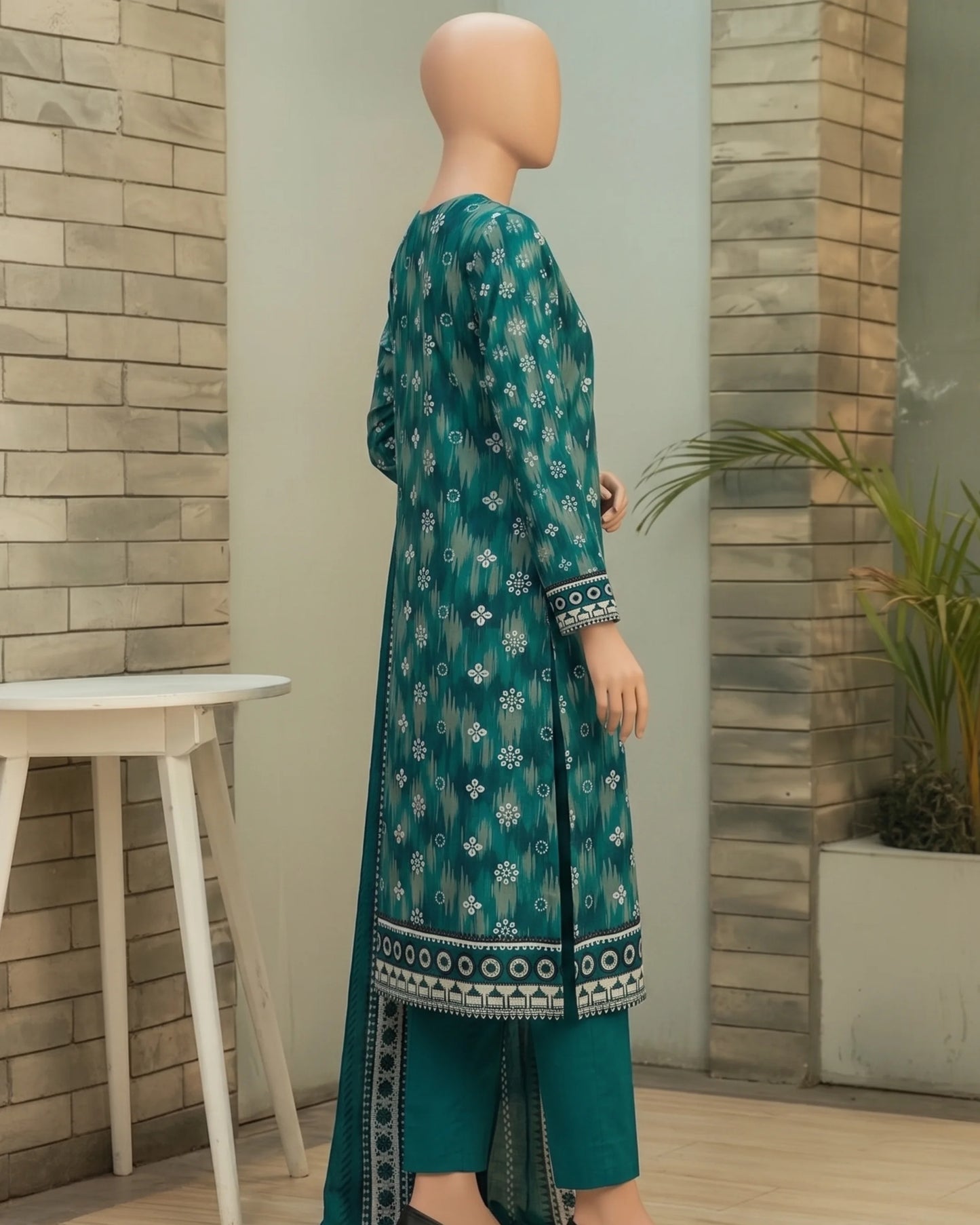 Teal Green Floral Print Unstitched 3-Piece Suit