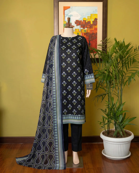 Elegant Black Floral Printed 3-Piece Unstitched Suit