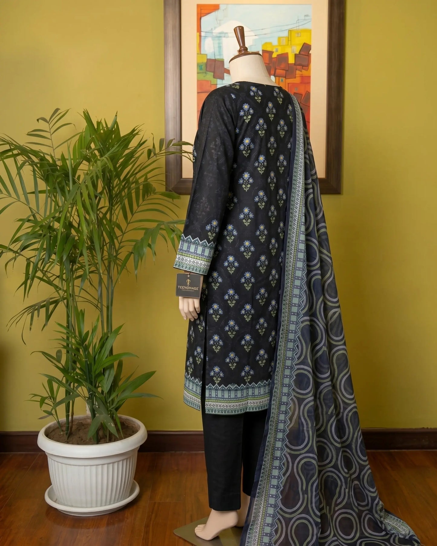 Elegant Black Floral Printed 3-Piece Unstitched Suit