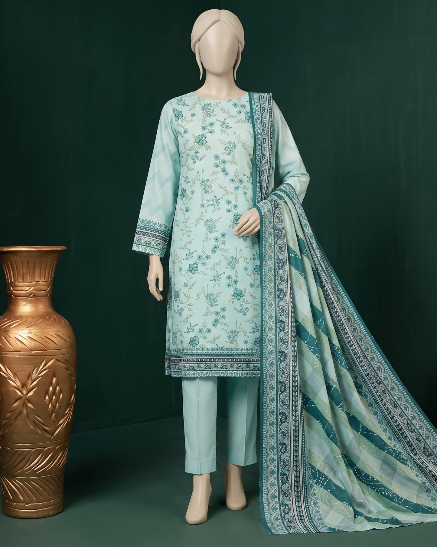 Unstitched 3-Piece Floral Printed Lawn Suit – Soft Aqua Blue & Emerald Green