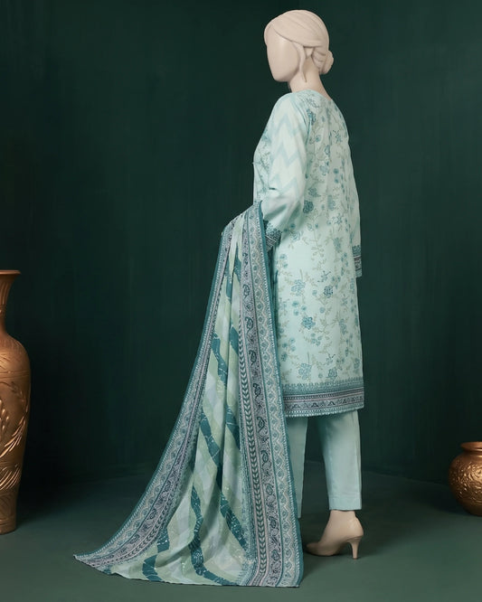 Unstitched 3-Piece Floral Printed Lawn Suit – Soft Aqua Blue & Emerald Green